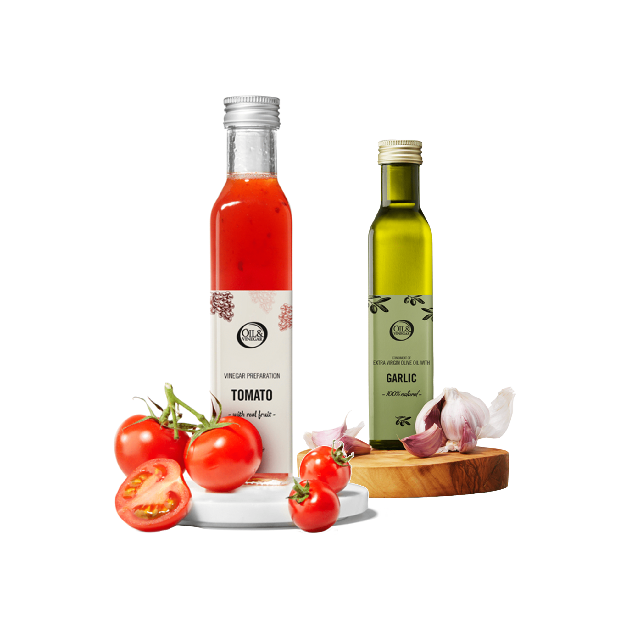 Tomatenessig und natives Olivenöl extra mit Knoblauch – 2x250 ml