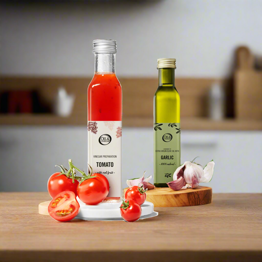 Tomatenessig und natives Olivenöl extra mit Knoblauch – 2x250 ml